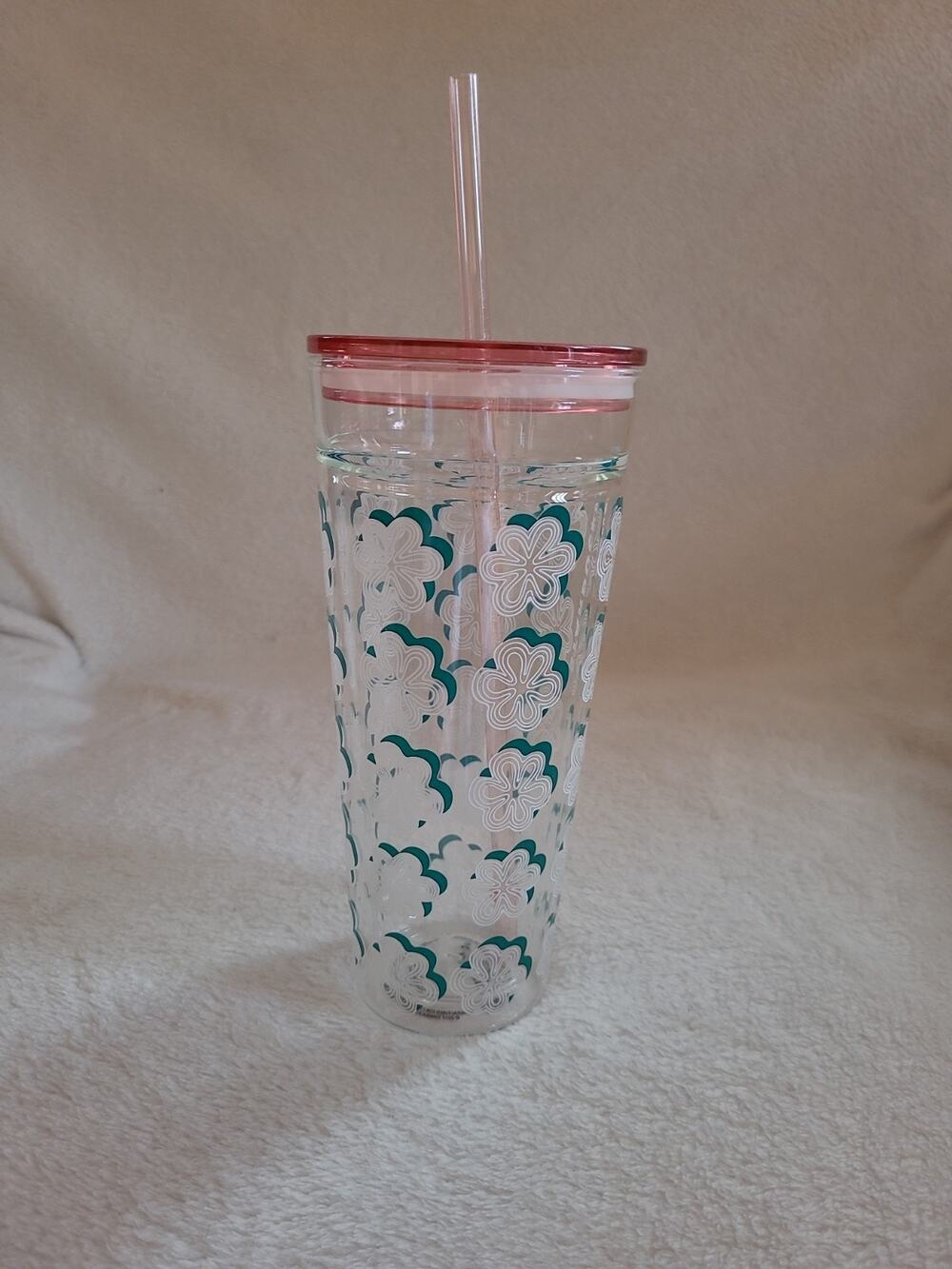 Starbucks 2017 Clear Glass Tumbler Floral White Green Double Wall 20oz Straw Red